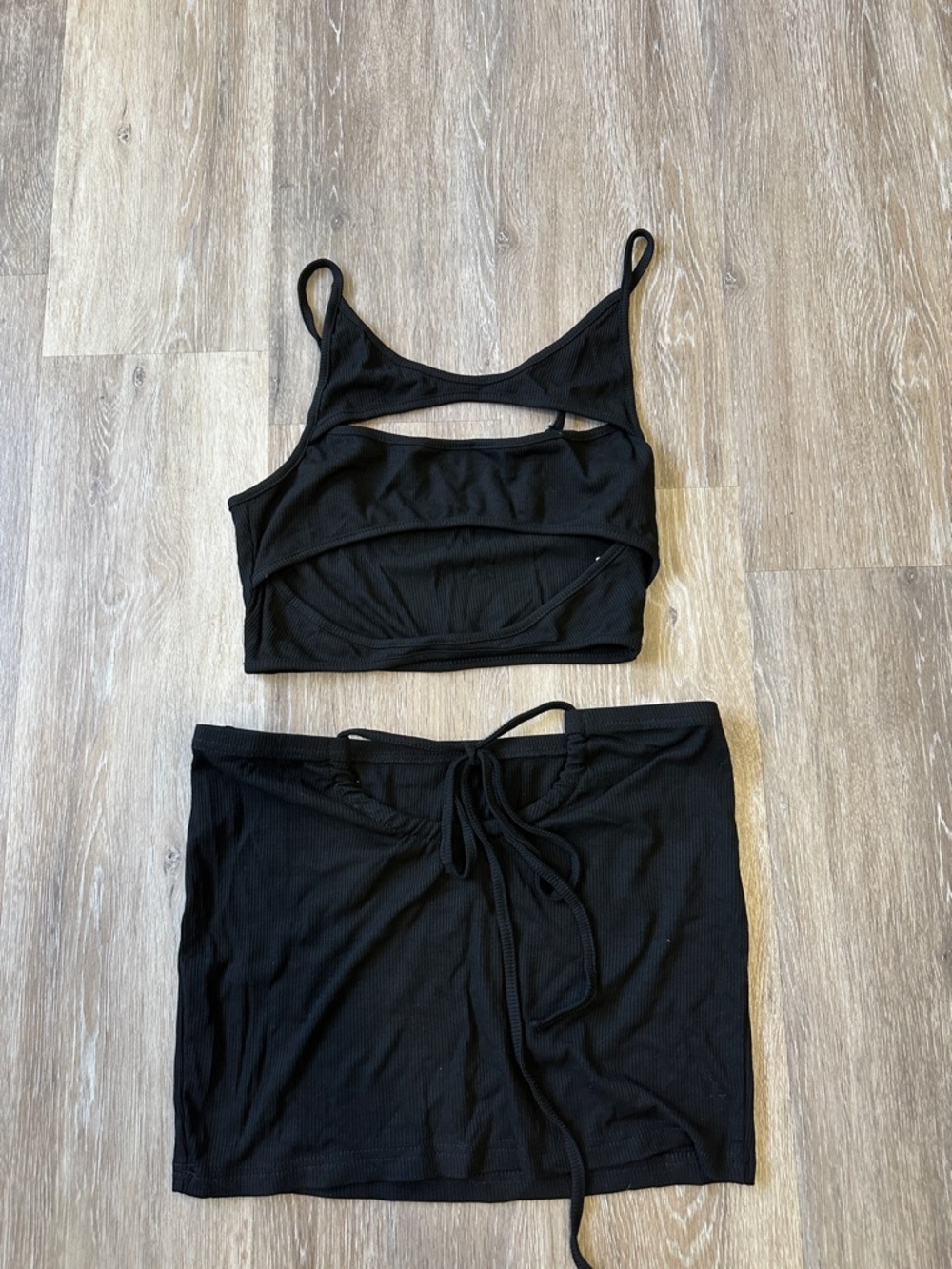 Black Ribbed Cutout Crop Top and Mini Skirt Set